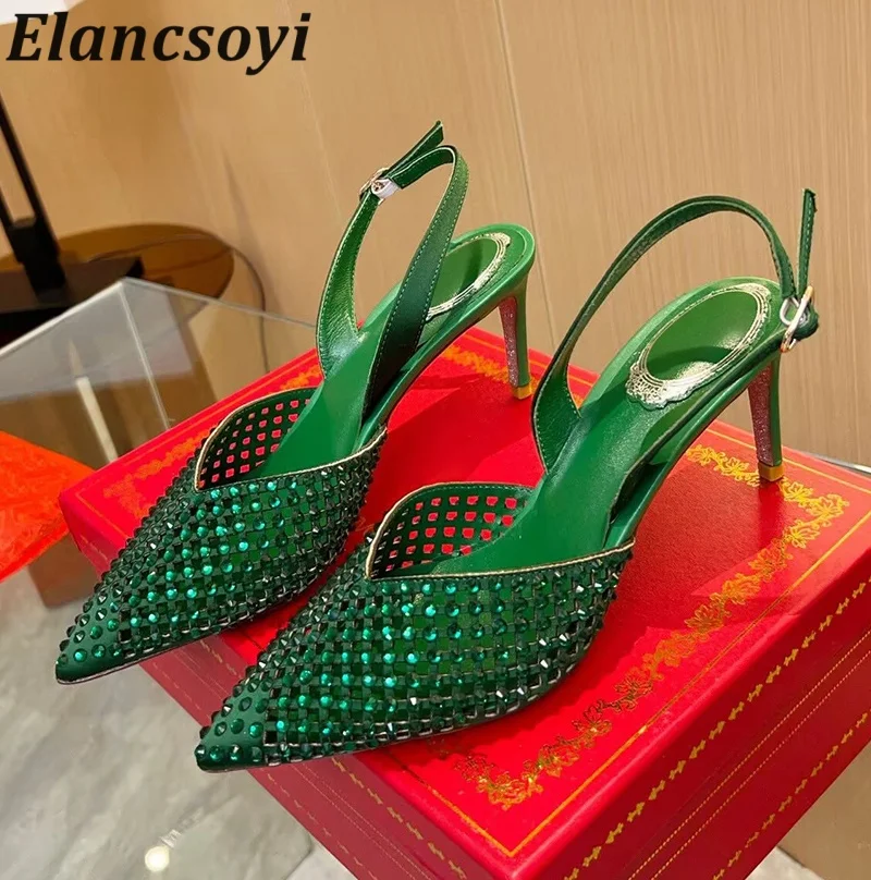 Dress Shoes Summer Pointed Toe Thin High Heels Sandals Women's Shiny Rhinestone Hallow Outs Back Strap Sandalias Party Shoes