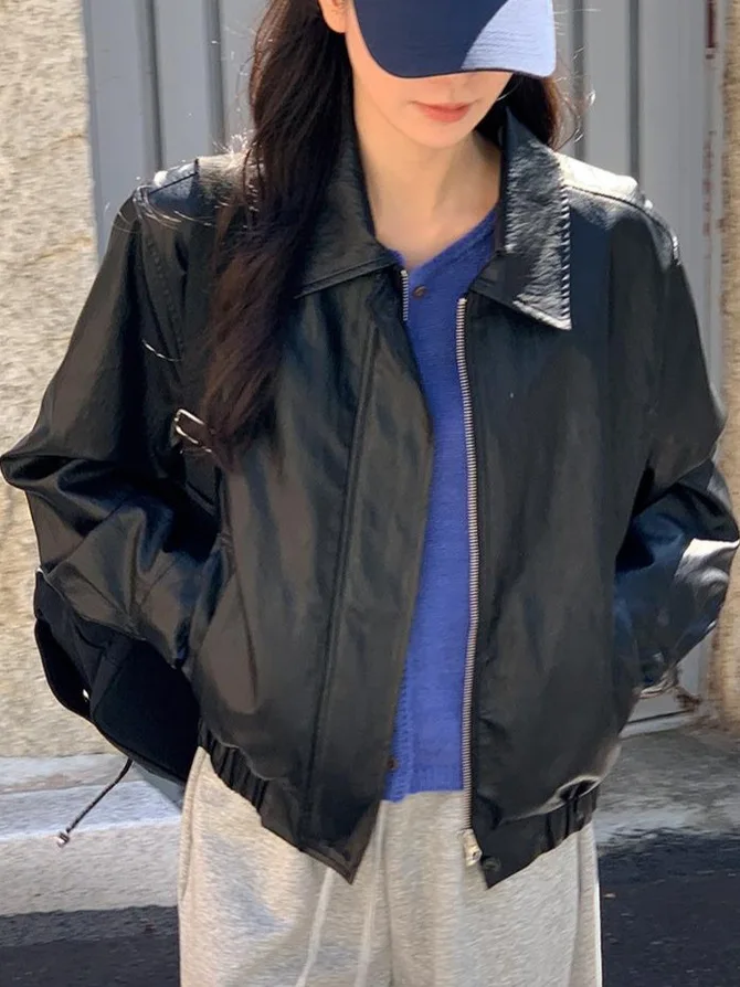 시크한 오토바이 가죽 재킷 여성용 2025 신상 슬림핏 소형 사이즈 패셔너블한 가을 아우터웨어 브랜드 없음...