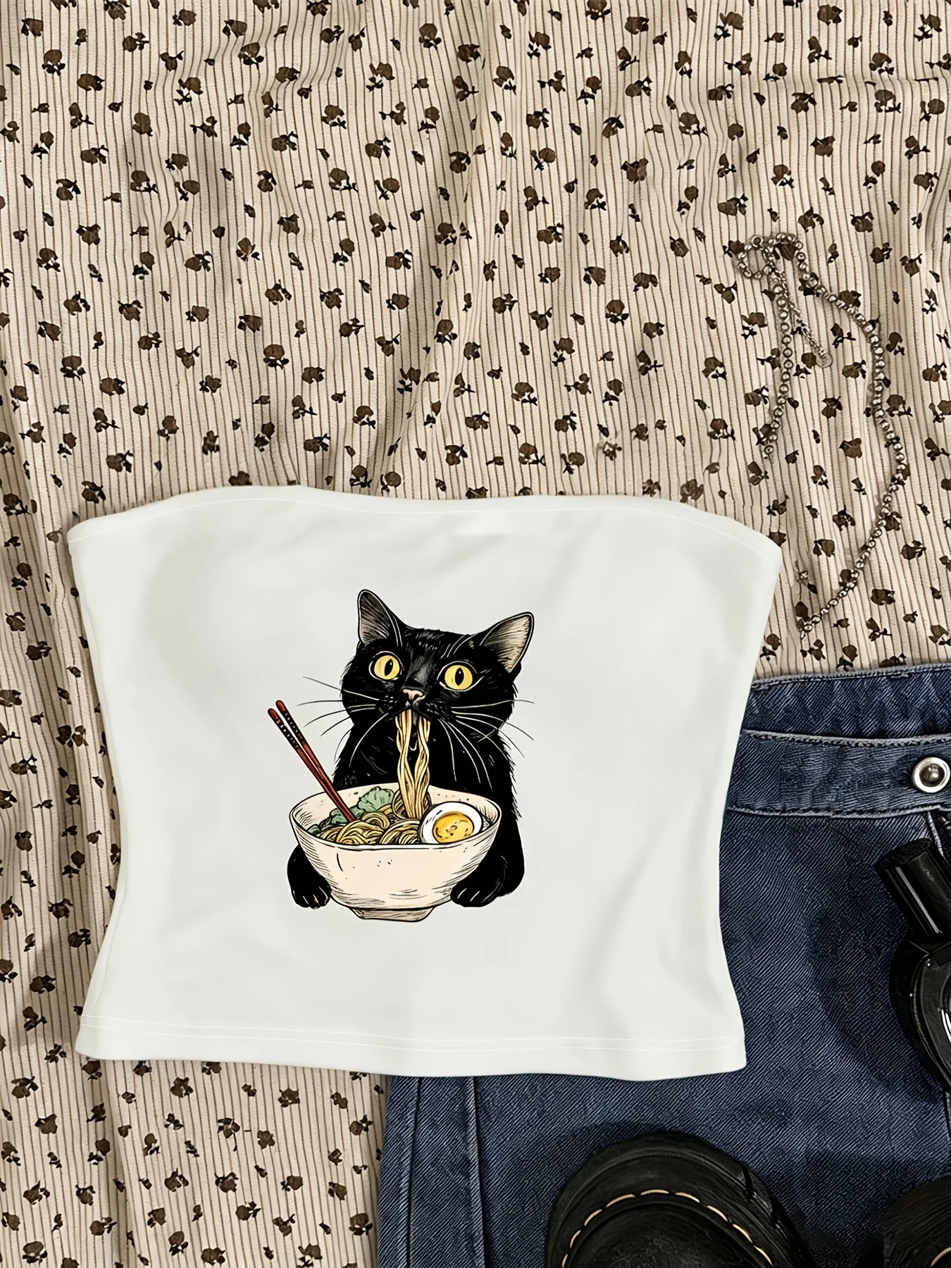 Women's Vest Y2K Kawaii Tube Top with Black Cat Ramen Noodles Print Japanese Style Strapless Shirt Suitable for All Wear Casual