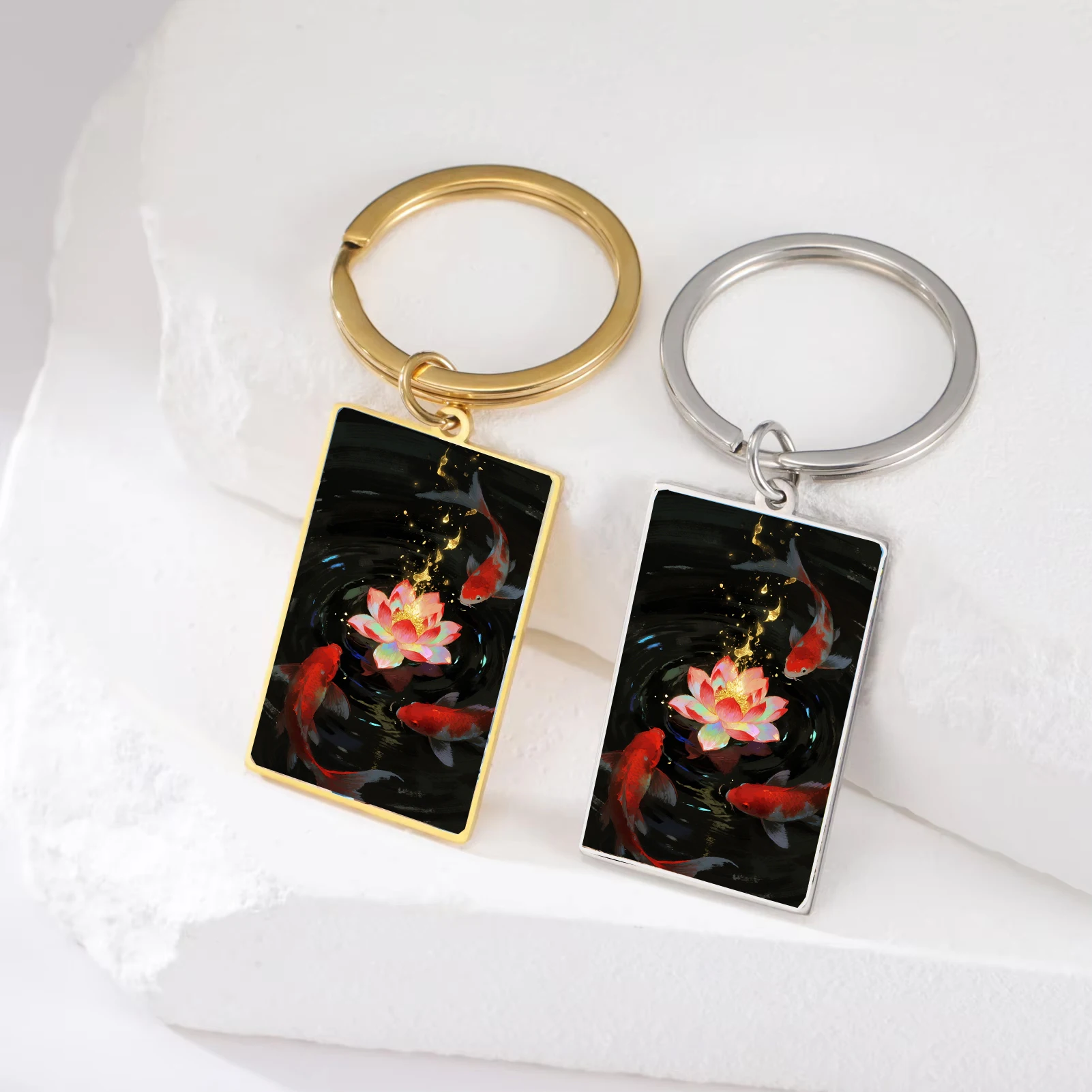 

UV Color-printed Lotus Koi Fish Carp Pendant Keychain Custom Blessing Text Keyring Lucky Amulet Charm Car Bag Decoration Gift