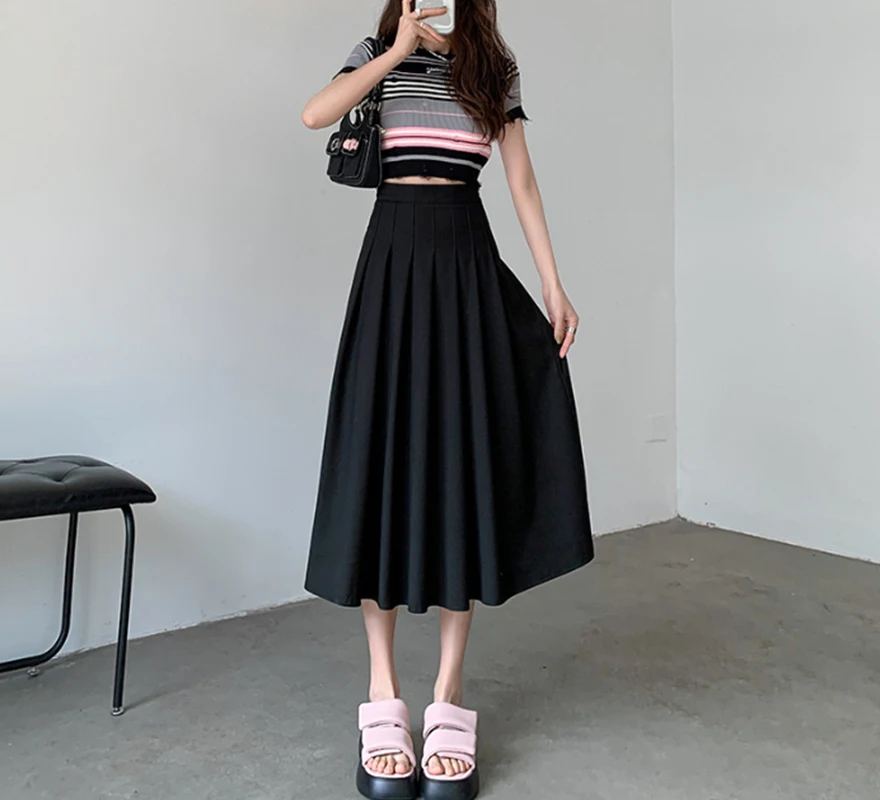 Spring Fashion Korean High Waist Slim Mid Length Pleated Skirt Women's Solid Patchwork Zipper Sweet All Match Loose Half Skirt