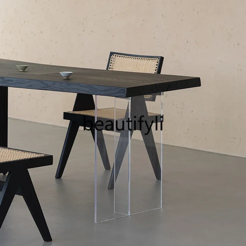 

Asmt14 New Wabi Stillwind solid wood large board tea table acrylic suspended tea table ash wood black carbonized tea table
