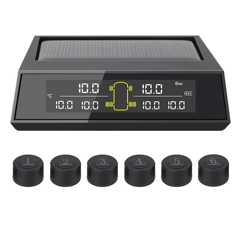 

Датчик TPMS, система давления в шинах, с 6 шт., датчиками, солнечной энергии, цветной ЖК-экран, диапазон давления в шинах для грузовиков и автомобилей 0-8 Ba