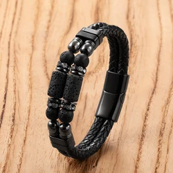 Natural Agate Tiger Eye Stone Bracelets Men's Jewelry Braided Leather Handmade Male Bangles 2024 New Stainless Steel Jewelry