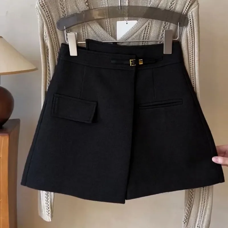 

Woolen Short Skirt Pants High Waist Slim Suit Pants Wide-leg A-line Skirt College Style Fake Pocket Fashion Skirt