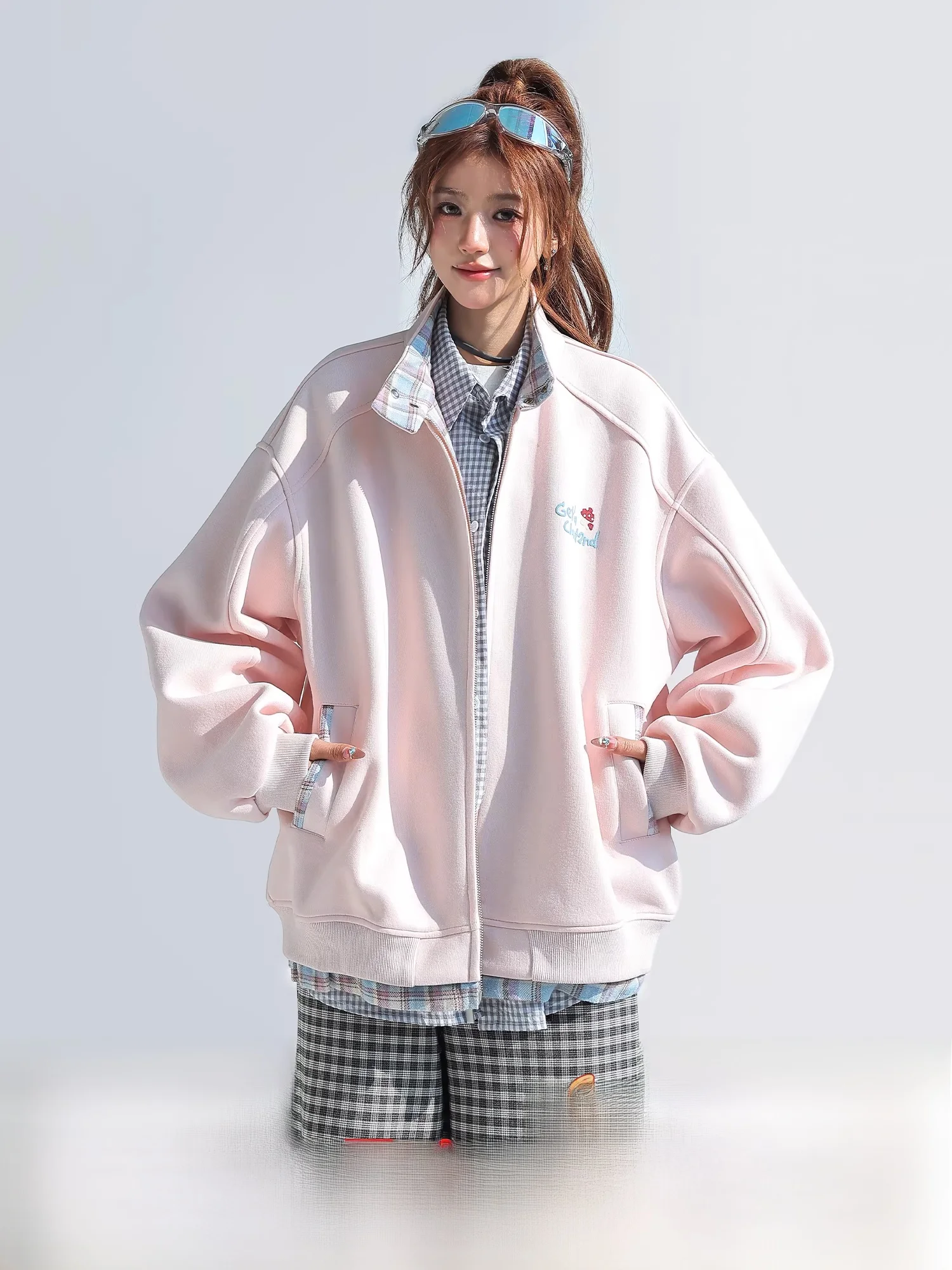 

Корейская женская толстовка-куртка в клетку с пэчворком, на молнии, с воротником-стойкой, плотная (400 г), повседневная, свободного кроя, дышащая