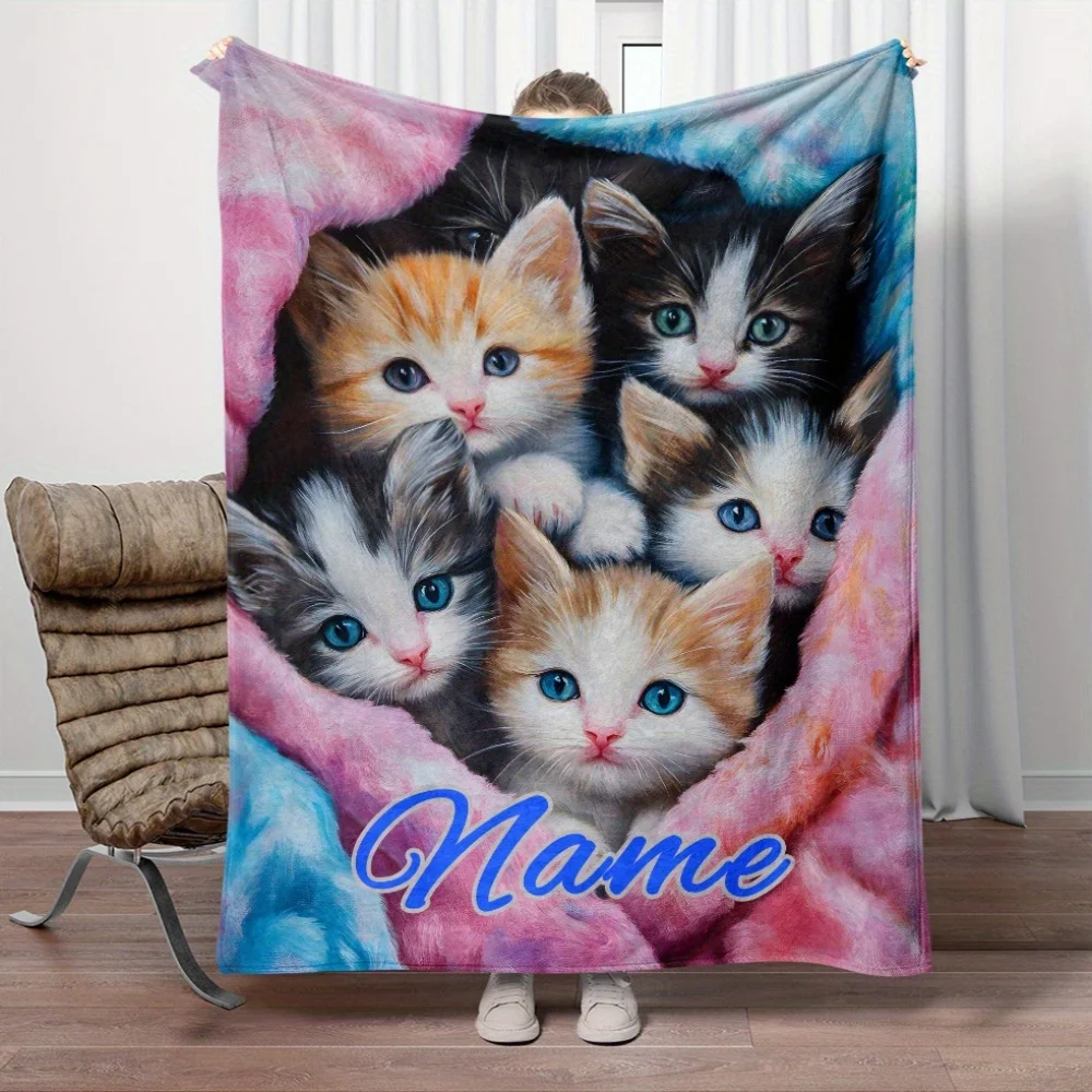 1, personalisierte süße Katzen-Flanelldecke mit individuellem Namen, weich und leicht, kein Strom, keine Federfüllung