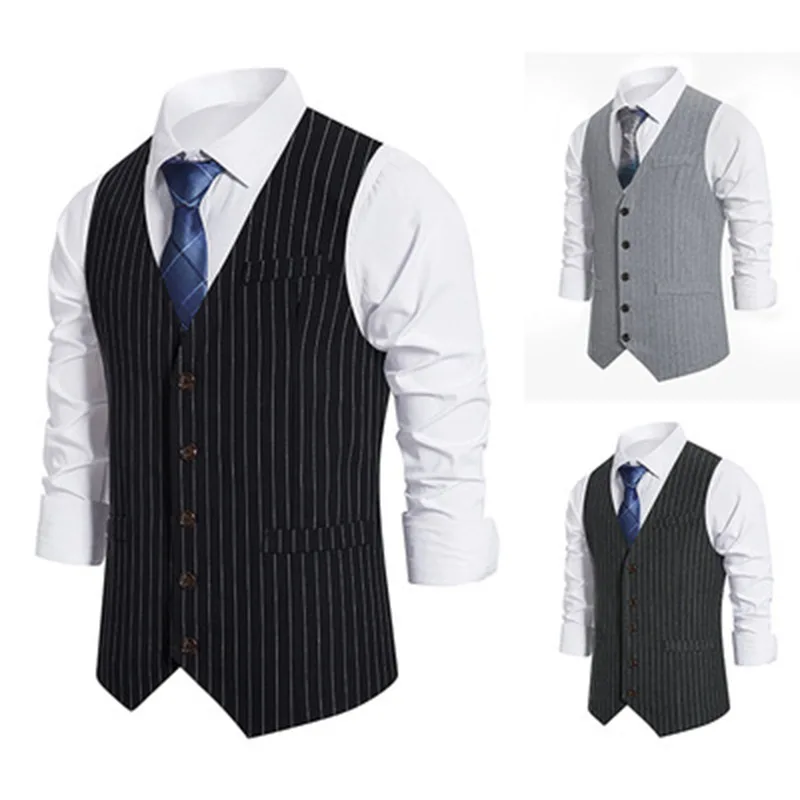 New Men's Suit, Vest, Slim Fit, Striped Single Breasted Casual Sleeveless Vest, Suitable for All Seasons for Men