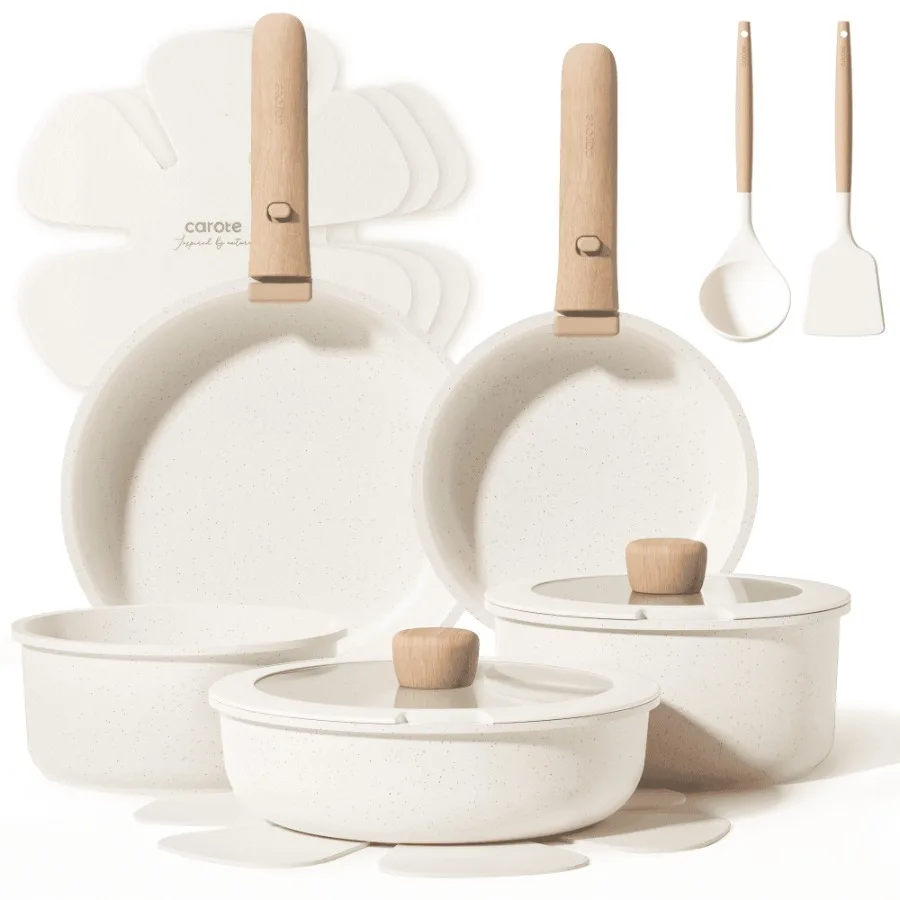 

15 Pcs Nonstick Cookware Sets, Granite Non Stick Pots and Pans with Removable Handles, Oven Safe, Induction Compatible, Cream W