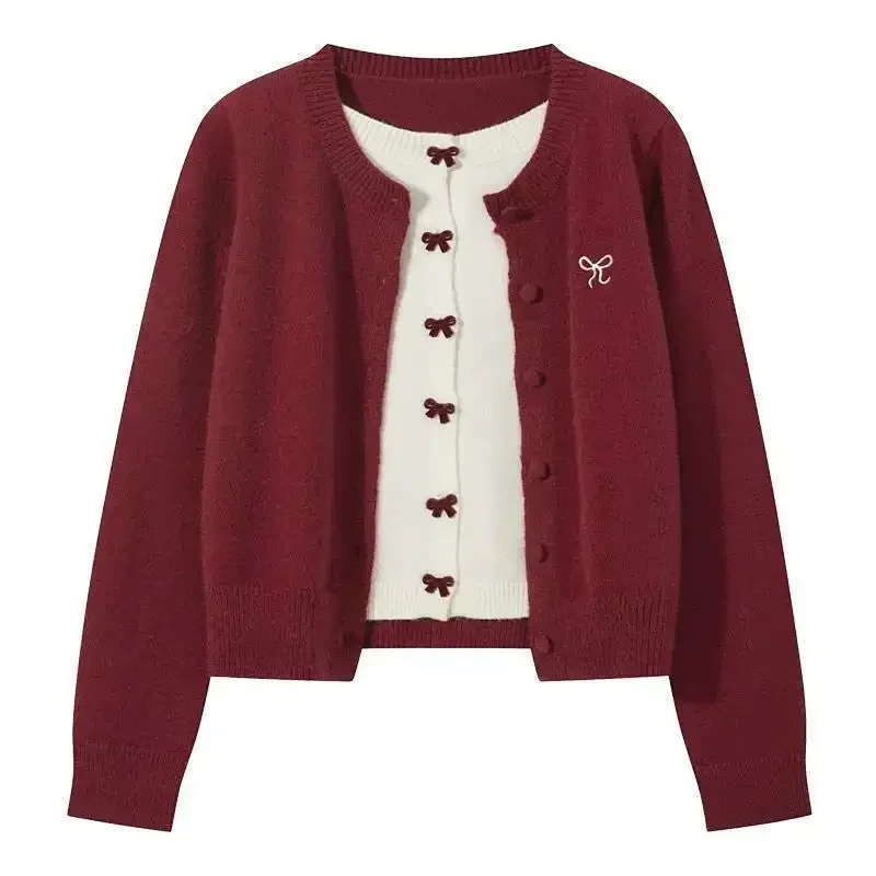 Faux pull tricoté rétro deux pièces pour femme, manteau avec nœud doux, Style Mori doux et frais, automne hiver