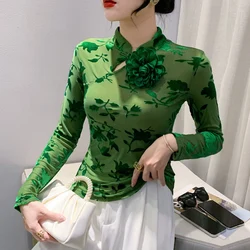 #8038 Black Green Vintage Mesh T Shirt Women Stand Collar Chinese Style Buttons Hollow Out Short T Shirt Femme Long Sleeve Sexy