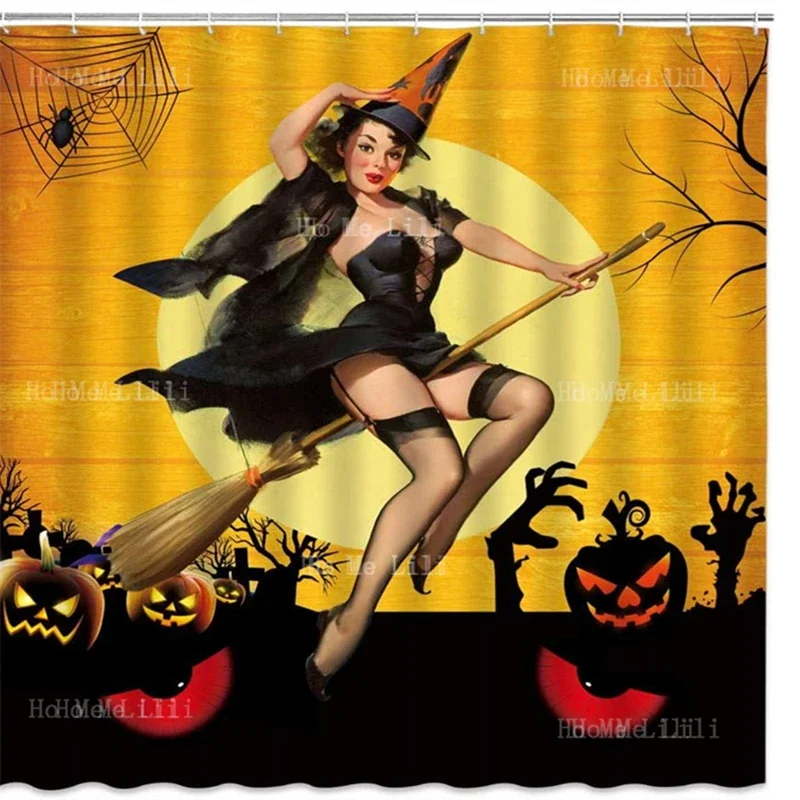 Sexy Witch Shower Curtain Cool Halloween Ghost Eyes Pumpkin Retro Pin Up Girl Body Art Decor Yellow Fabric Bathroom with Hooks