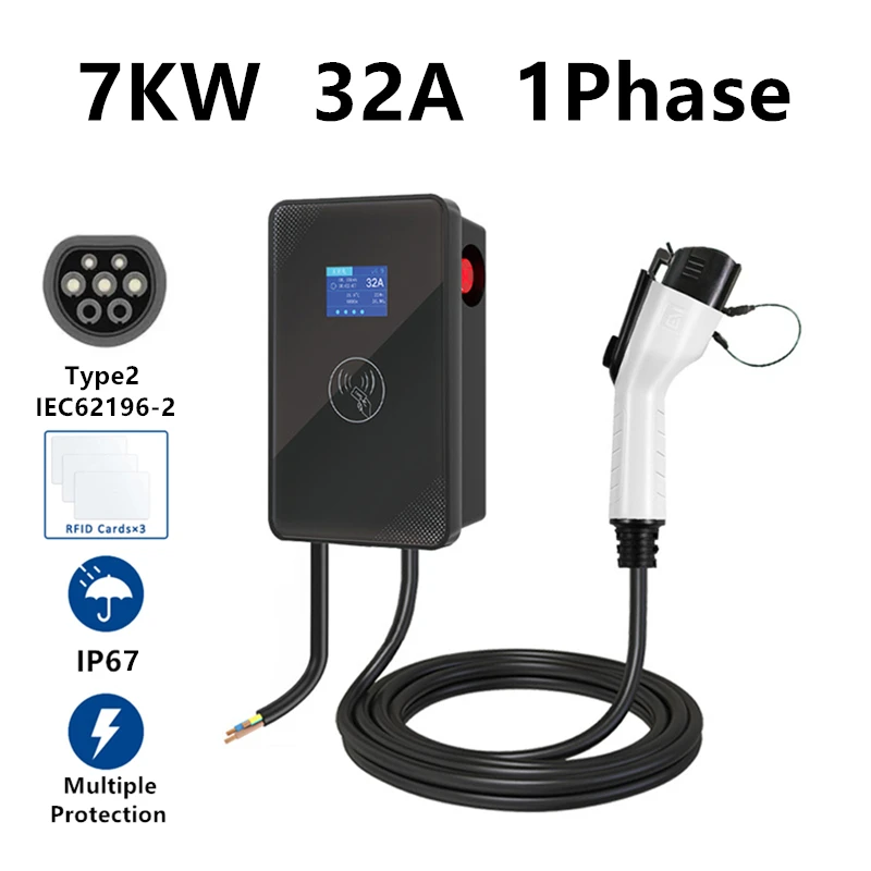 

EV Charger Type2 Type1 GB/T EVSE Wallbox 32A 7KW IEC62196 J1772 GBT 1Phase 5M Cable Wallmount Charging Station for Electric Car