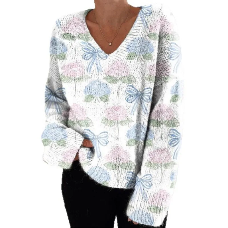 新ヨーロッパ/アメリカ ベストセラー商品 春秋 ルーズ Vネック トップス カジュアル ドロップショルダー 3D デジタルプリント レディース パーカー