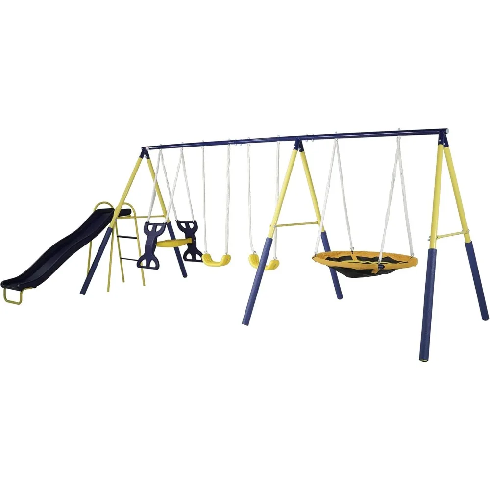 Conjunto de balanço infantil de metal Super Star Outdoor: 2 balanços, 1 disco voador, 1 planador, 1 corrediça ondulada - excede os padrões ASTM