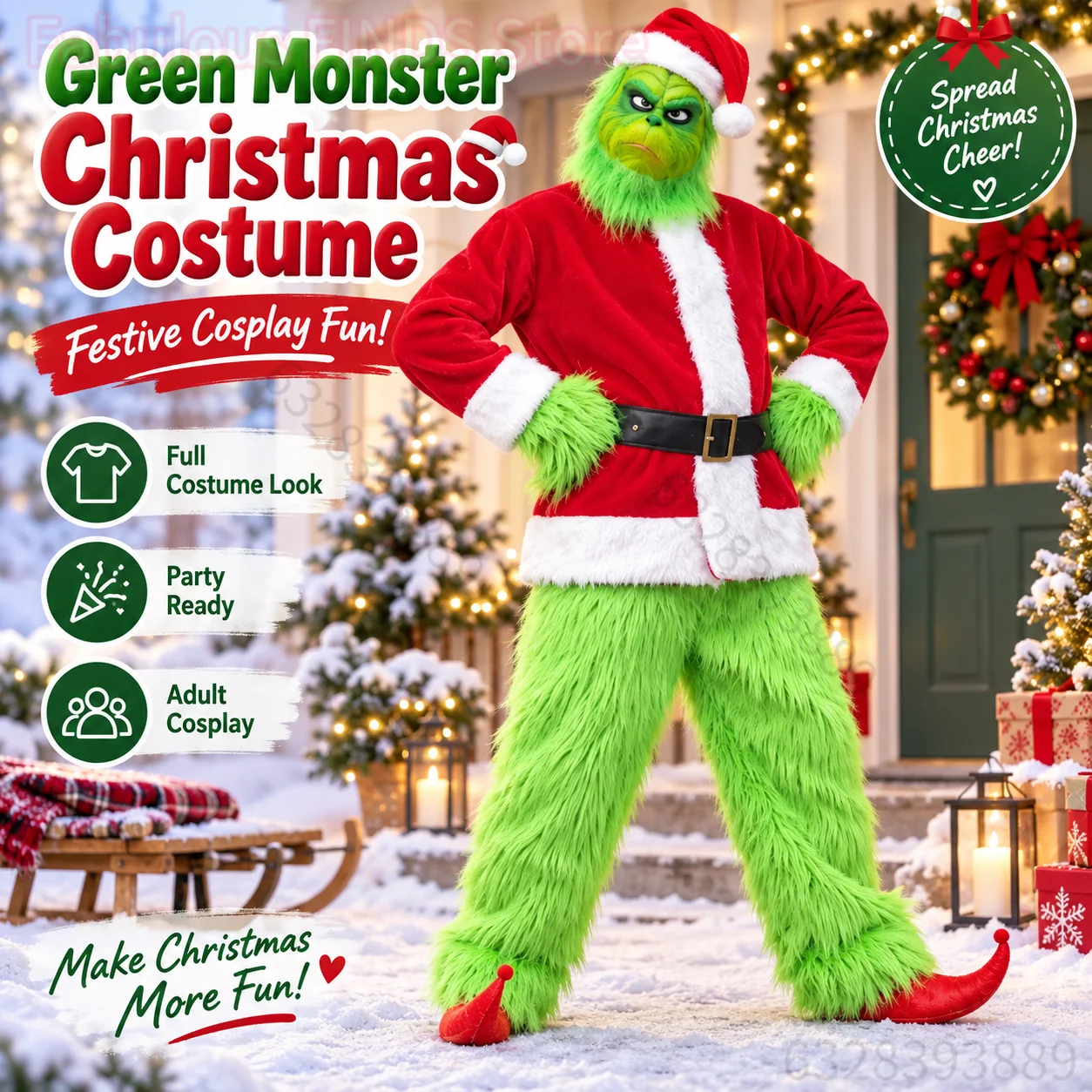 Costume da mostro verde per adulti, ideale per Natale, con maschera e guanti, in stile Babbo Natale, perfetto per feste di Natale, Halloween, carnevali e giochi di ruolo.