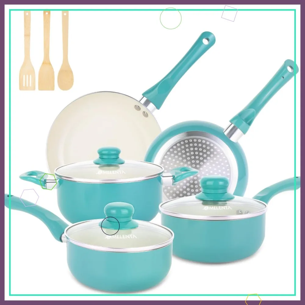 

Набор посуды из 11 предметов с антипригарным покрытием, керамический, подходит для индукционных плит, с охлаждающими ручками и бамбуковыми приборами, без PFOA, бирюзовый