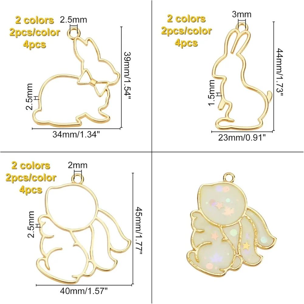 12pcs Easter Bunny Theme Open Bezel Pendant 6-Style Alloy Open Back Bezel Pendants Rabbit Hollow Resin Frames with Loop for