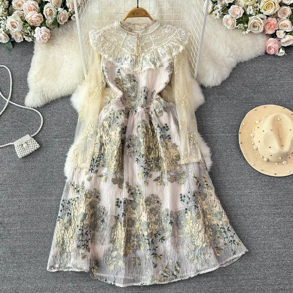 

France Retro Luxury Embroidery Ruffles Stand Collar Party Dress Women Stand Collar Mesh Patchwork Flower Print Midi Vestidos