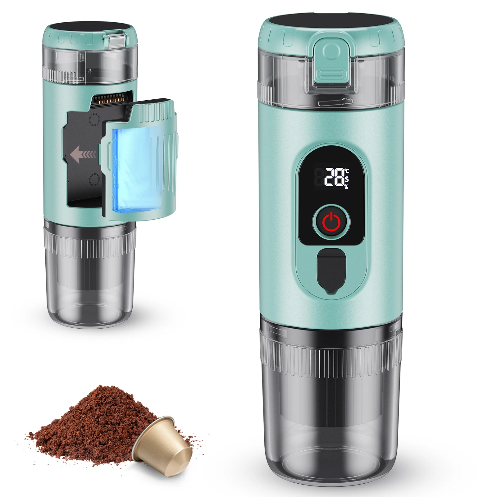 Image of 2-in-1 tragbare elektrische Kaffeemaschine für Auto, Büro, Zuhause, Camping, tragbare Kaffeemaschine für Kapseln und Pulver, Reise-Kaffeemaschine, wiederaufladbar