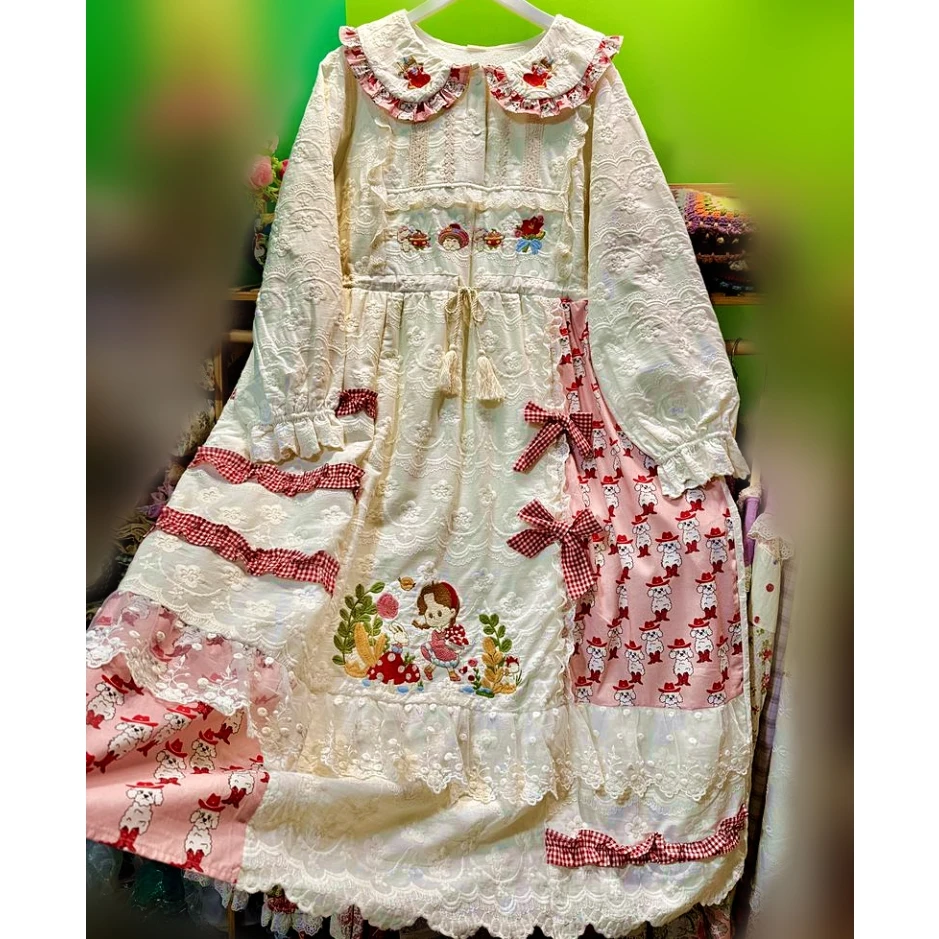 

Women Winter Fleece Cartoon Patchwork Vintage Lace Bow Stylish Midi Dress Harajuku Mori Girl Cute Lolita Korean Sweet Long Dress