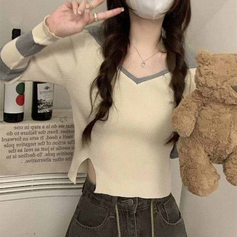 Truien Dames Slank Eenvoudig Breien Lente Ontwerp Patchwork Mode Turn-down Kraag Vrije tijd Elegant All-match Koreaanse stijl Nieuw