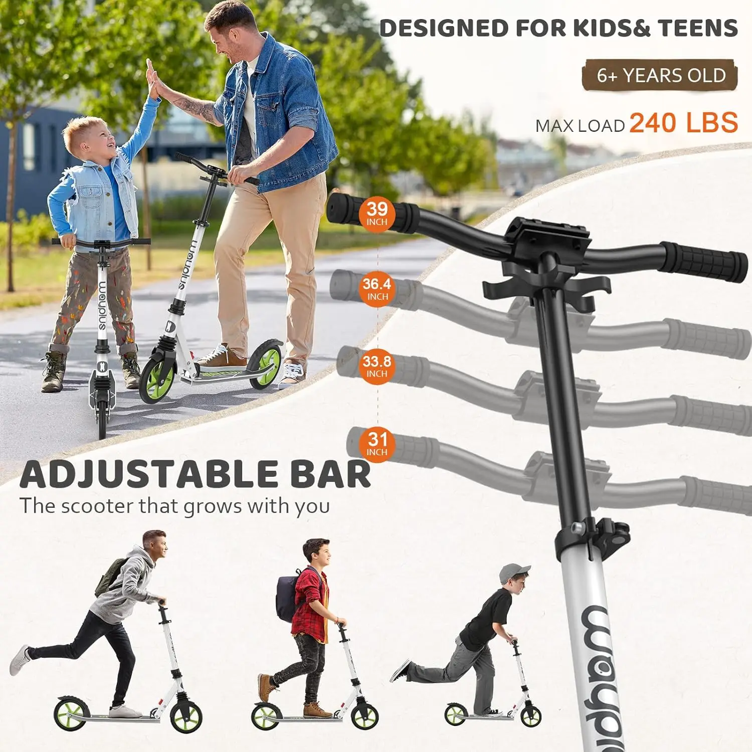 Kick Scooter para mayores de 6 años, niños, adolescentes y adultos Carga máxima de 240 libras Ruedas grandes plegables y ligeras para niños, adolescentes y adultos, 8 pulgadas