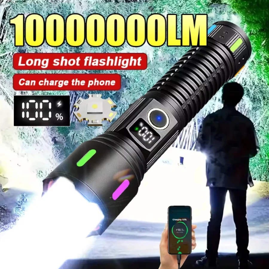 

New2026 Ultra Powerful 10000000LM LED Flashlight Flashlight Fluorescent Long Range 3500M Zoom Torch Rechargeable High Power Lamp