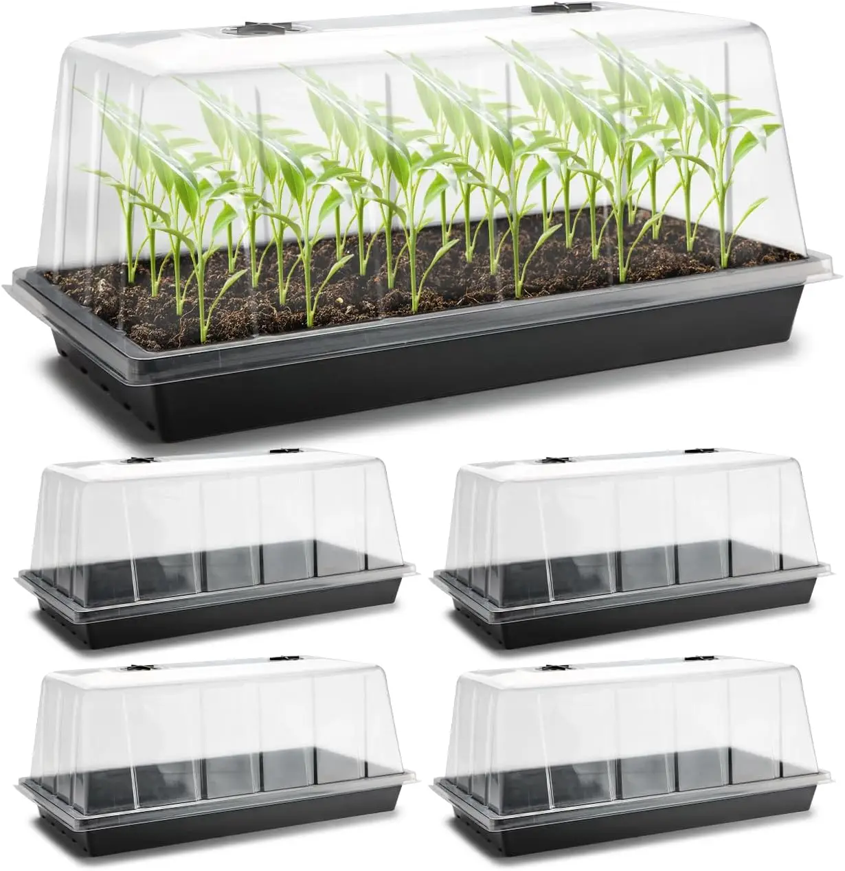 5-Pack Extra Large 1020 Seed Starter Trays with Tall 7.3" Humidity Domes and Lids, Heavy Duty Plant Trays and Flats, No-Hole Mini Greenhouse for Seed Germination, Ideal for Balcony Garden