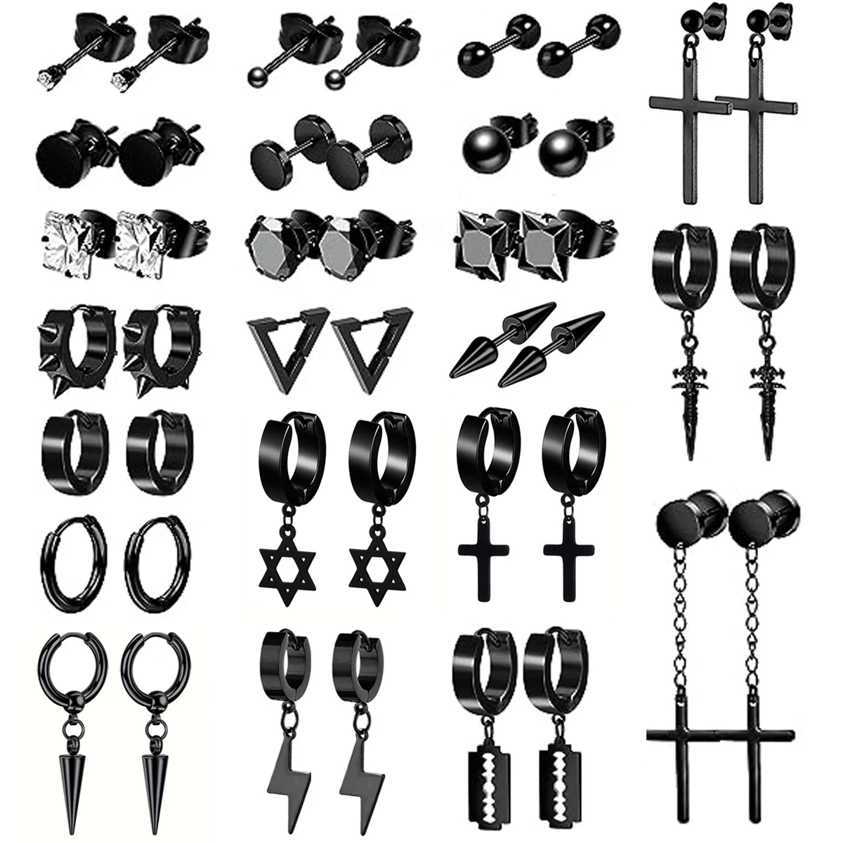 1/22 Pairs Multi-style Punk Gothic Black Color Stainless Steel CZ Ball Stud Earrings Cross Cone Pendant Dangle Hoop Earrings Set