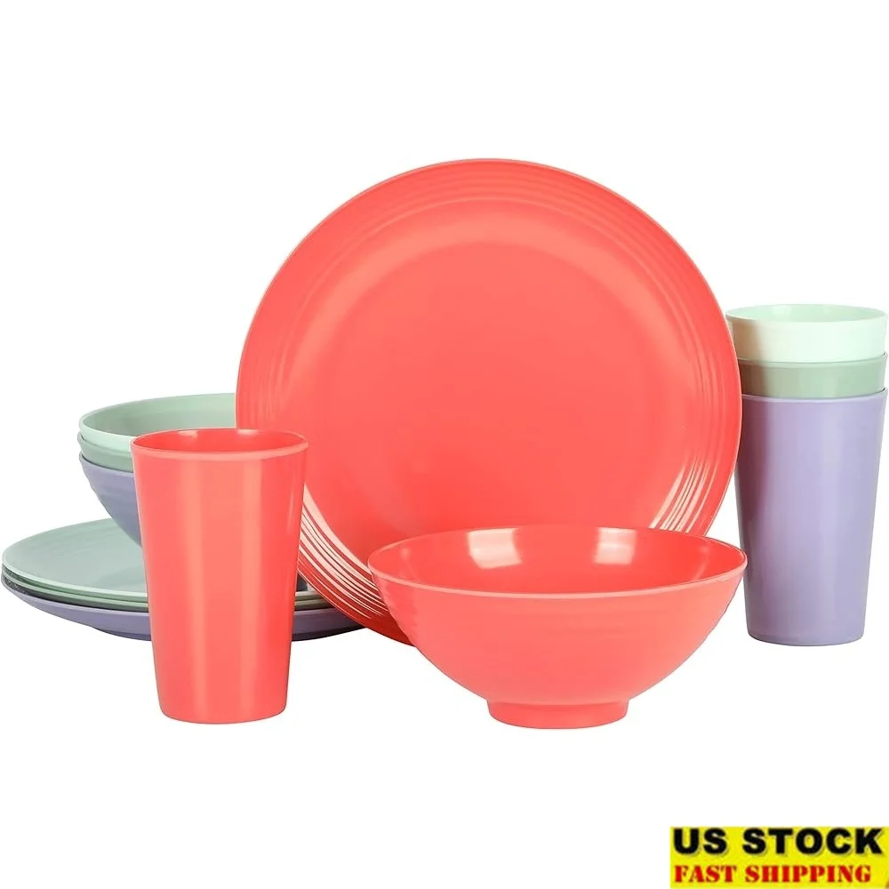 

12 Piece Melamine Dinnerware Set Service 4 Includes Bowls Tumbler Mugs Indoor Outdoor Dining Casual Entertaining Durable BPA