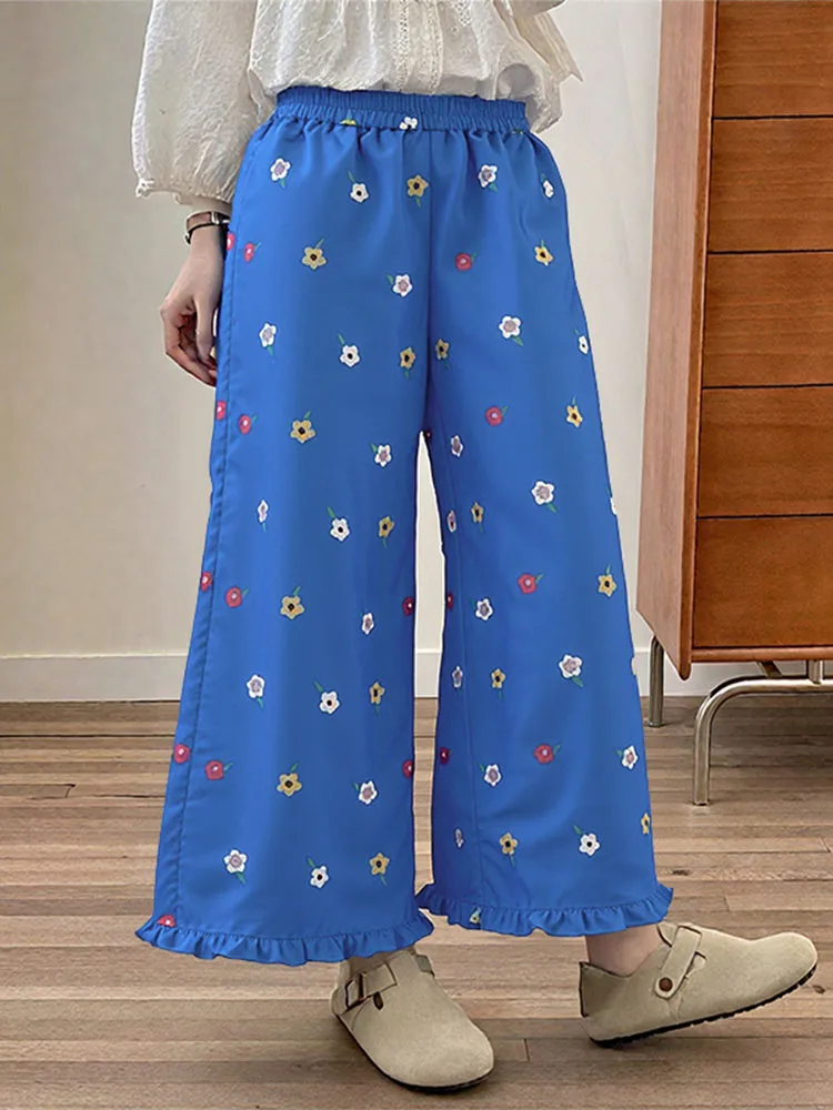 

ZANZEA Korean Style Floral Printed Pants 2025 Women Vintgae Elastic Waist Wide Leg Trousers Casual Loose Pleated Bottoms