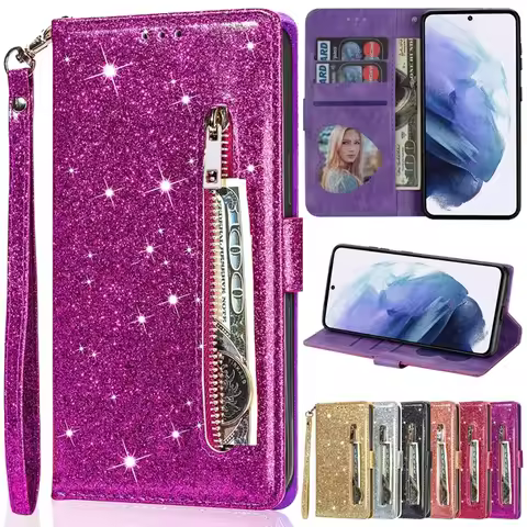 Wallet Glitter Zipper Flip Leather Case For Samsung Galaxy S25 Ultra S24 Plus S23 S22 S21 S20 FE A15 A16 A35 A36 A53 A54 A55 A56