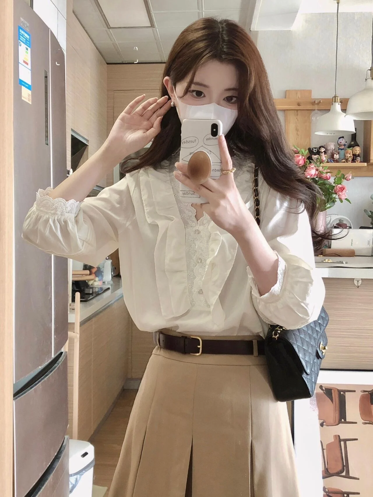 

White Long Sve V-Ne Women's irt Spring Commute Original Design Lace Hemline Ele High nce Sle Top