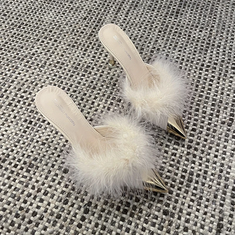 Metal Pointed Toe Stiletto Furry Slippers Female Fashion Slides Feather Half Slippers Sweet Temperament High Heels Small Size 33