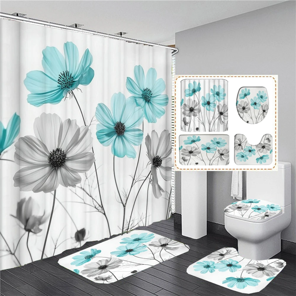 

Beautiful Leaf Plants Bath Curtain Flowers Print Shower Curtains Bath Mat Set Polyester Waterproof Toilet Rugs Anti-slip Carpet