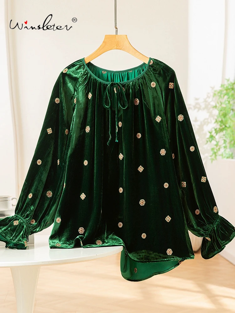 

Winsleter — женская элегантная бархатная рубашка из 100% натурального шелка, вышивка рукава-фонарика, свободная блузка в стиле ретро, осень 202, T5O624CC