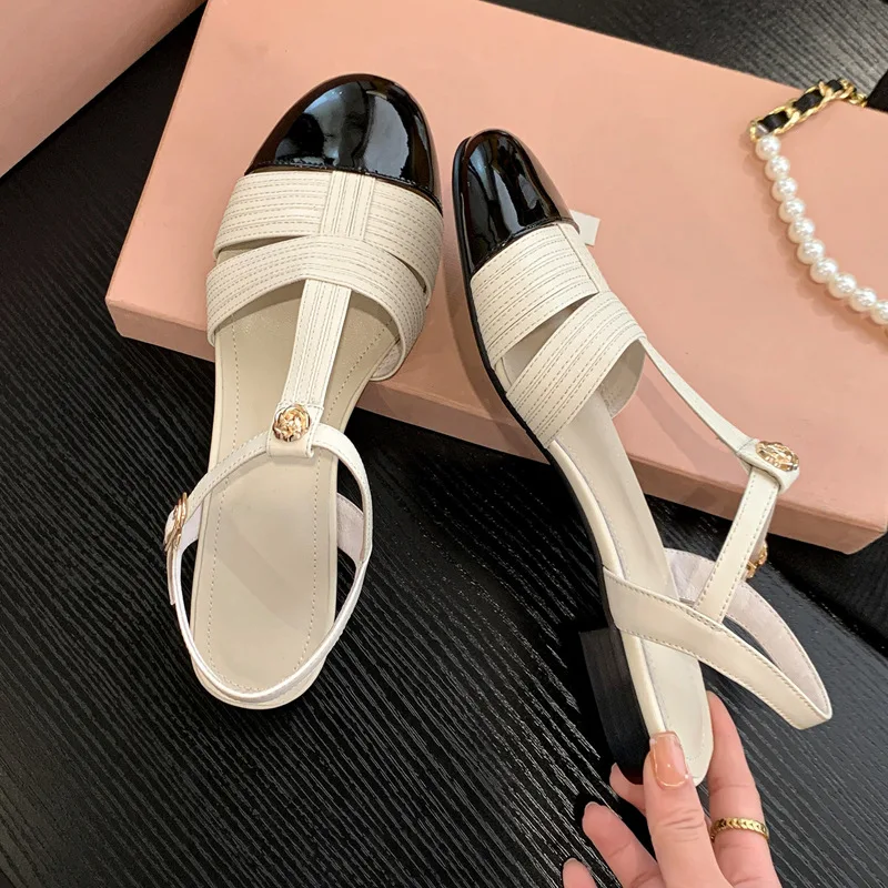 2023Summer New French ElegantGold Flower Colored LowHeel Women's Shoes Round Toe Tee Buckle Wrap Back Hollow Comfortable Sandals