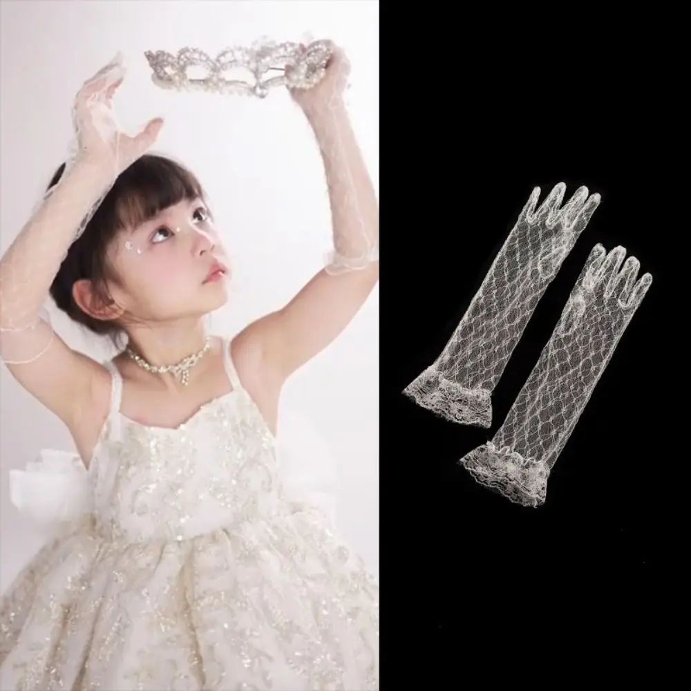 2Pairs قفازات الدانتيل الأبيض للأطفال خمسة أصابع مشرق حجر الراين الأميرة قفازات أنيقة شبكة الأداء قفازات