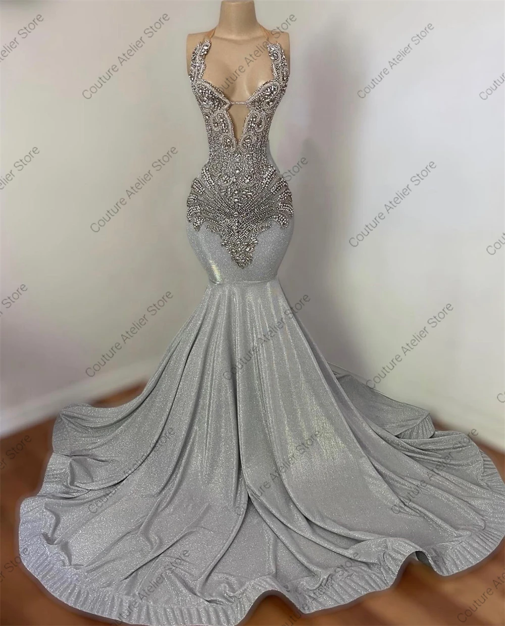 Amazing Silver Halter Prom Dresses Rhinestones Mermaid Black Girls Special Occasion Gowns Wedding Party Dress Customized