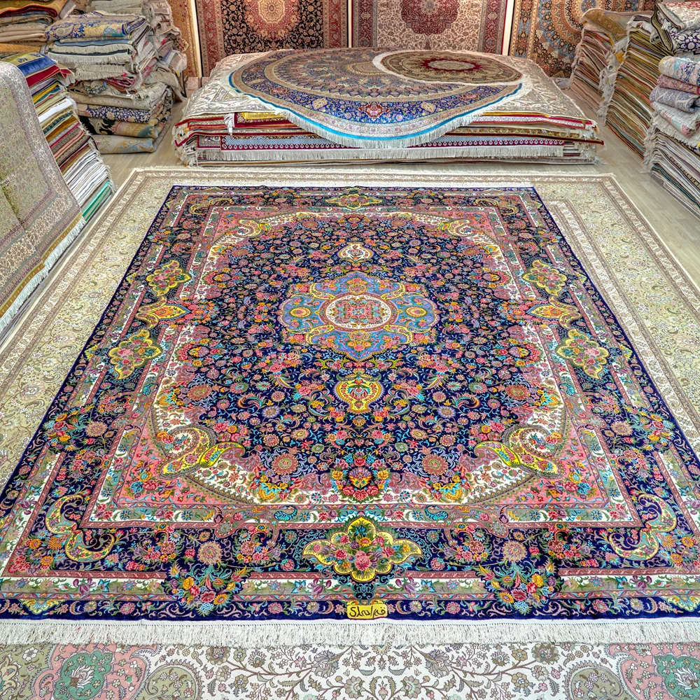 305x427cm Vantage Turkish Silk Rug Large Antique Blue Medallion Persian Silk Carpet (TJ199A)