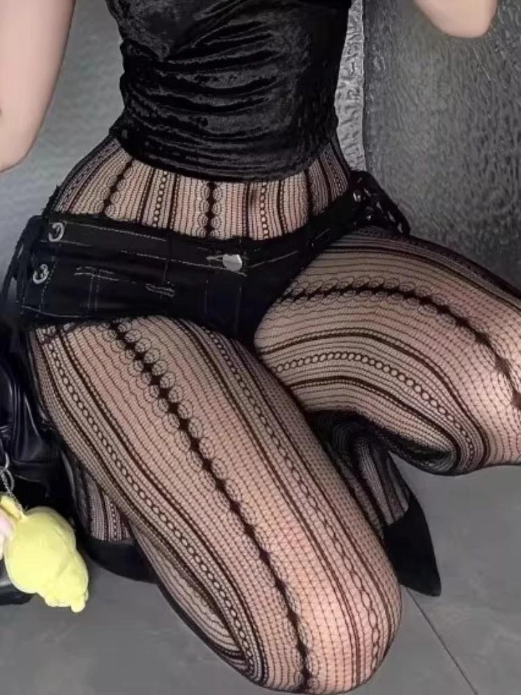 Punk Gothic Schwarze Netzstrumpfhose für Damen, Sexy Gestreifte Durchsichtige Netzstrümpfe, Aufreizende Mädchen-Uniform, Ausgehöhlte Netzstrumpfhose
