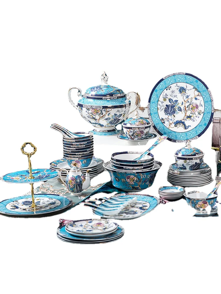 

High-End Bone China Bowl and Dish Set Exquisite Tableware Plate Household Rice Bowl Combination Moving into the New