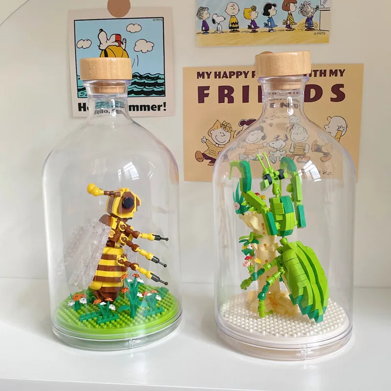 12 Styles bouteille Micro blocs de construction d'animaux Mini briques insectes modèle ours tigre bricolage Puzzle jouets pour enfants cadeaux d'anniversaire