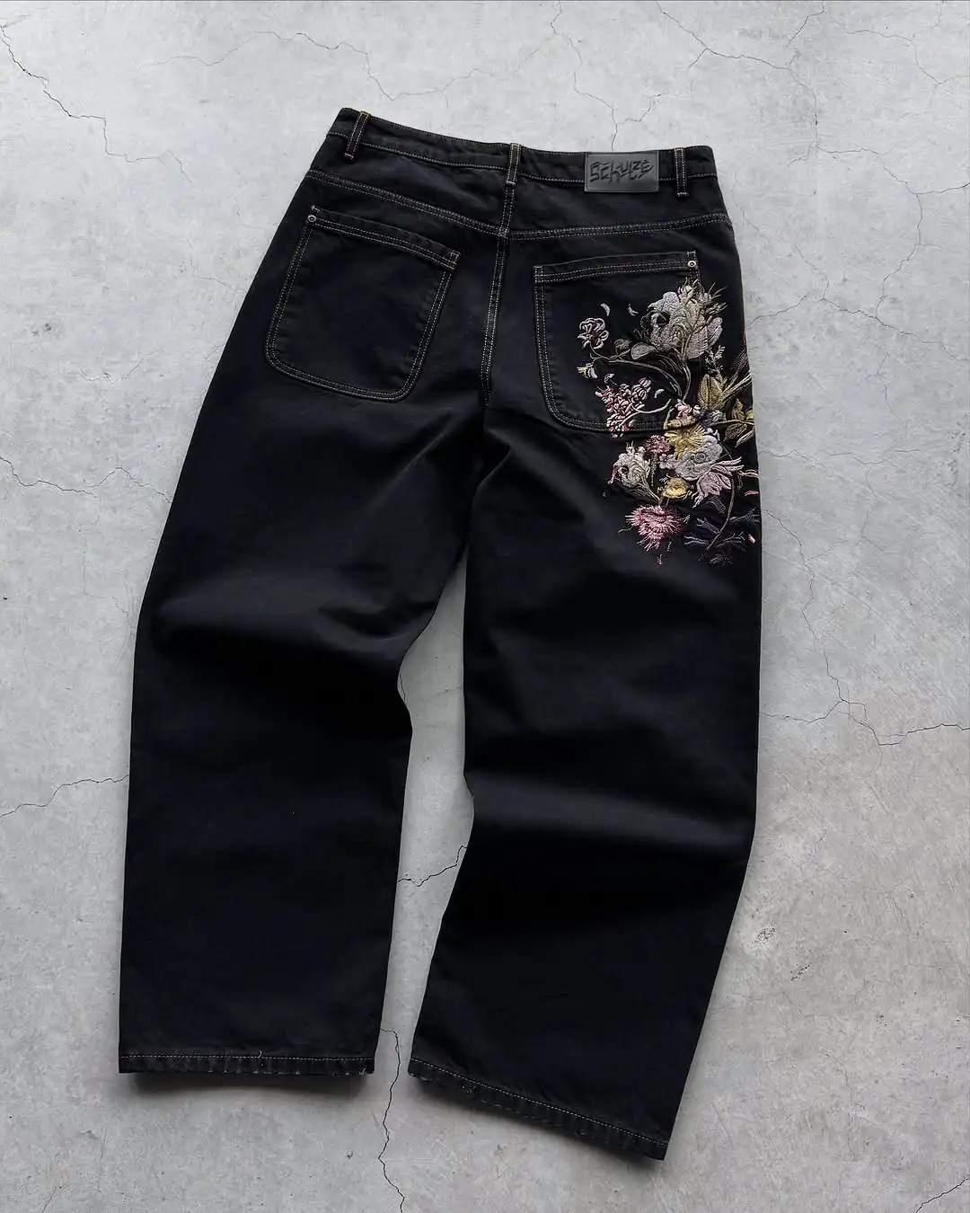 blossom embroidered pattern jeans Y2K loose men women zipper jeans wide leg pants Gothic Harajuku American style streetwear