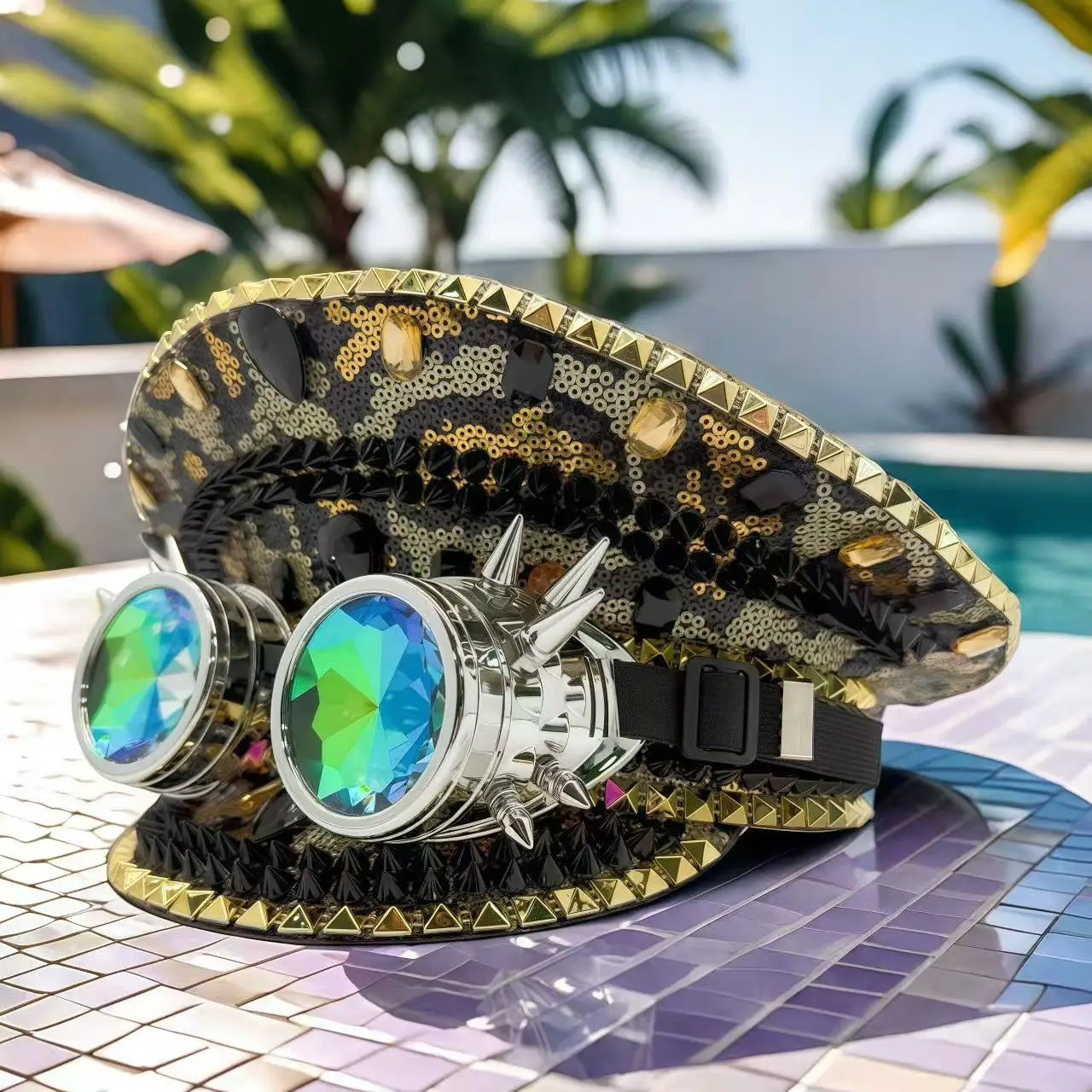 HongLuan Occhiali leopardati Cappelli da capitano Strass per donna festival musicale, cappello per costume di carnevale e accessori femminili cosplay