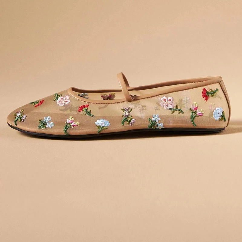 جولة اصبع القدم التطريز تصميم ماري جين أحذية نسائية شبكة الشاش التهوية شقة القاع أحذية واحدة الربيع الصيف أحذية الباليه #1