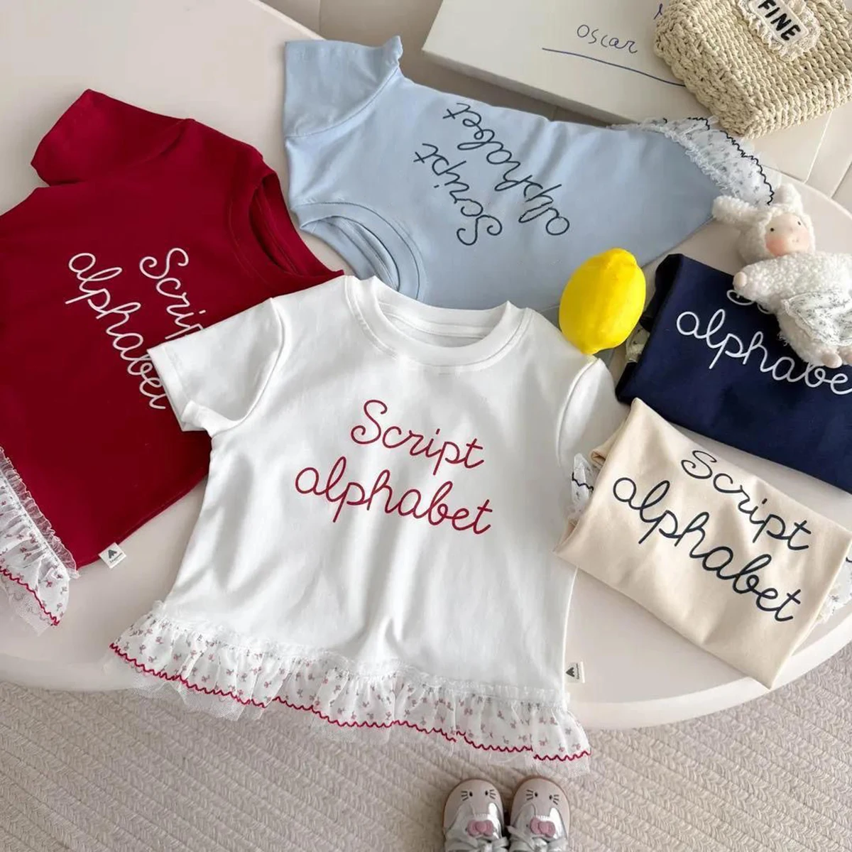 

Fashion Girls' Short Sleeve T-shirt Summer Children's Letter O-neck Versatile Top Sweet Girls Mesh Lace Splicing T-shirts