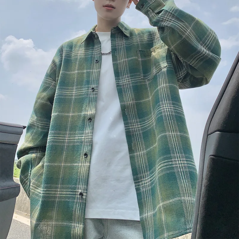 Autumn Long Sleeved Shirt Men Fashion Retro Plaid Shirt Men Japanese Streetwear Hip-hop Loose Casual Shirts For Men Large Sizes