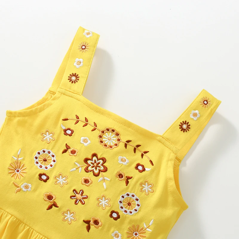 Little maven 2024 Kids Clothes Girls Casual Cotton Summer Yellow Embroidery Cartoon Flowers Dress for Toddler Infant Children